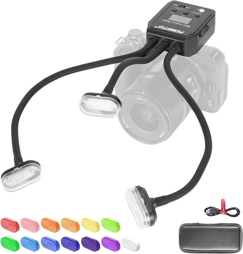 FOMITO Flexible LED Macro Ring Flash Light with 13 Color Filters, Digital Display, USB Cable, Carrying Case - Image 1